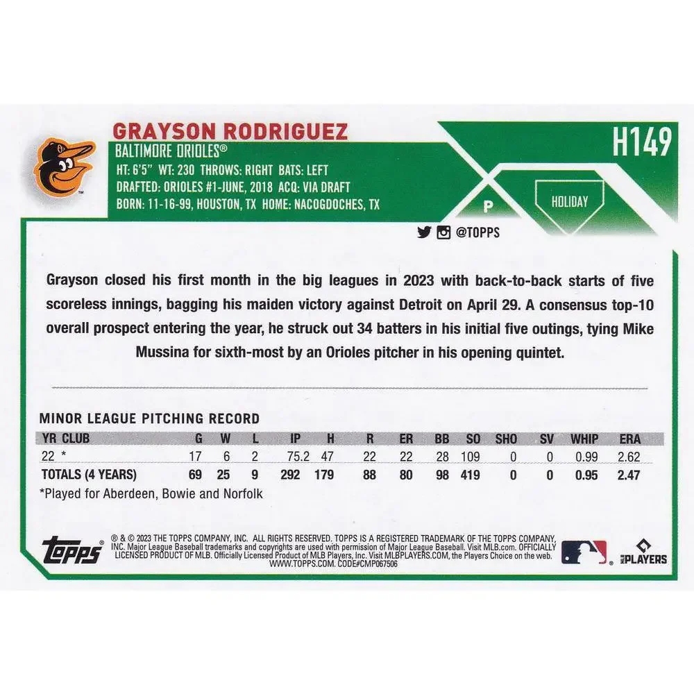 2023 Topps Holiday Grayson Rodriguez RC H149 Baltimore Orioles